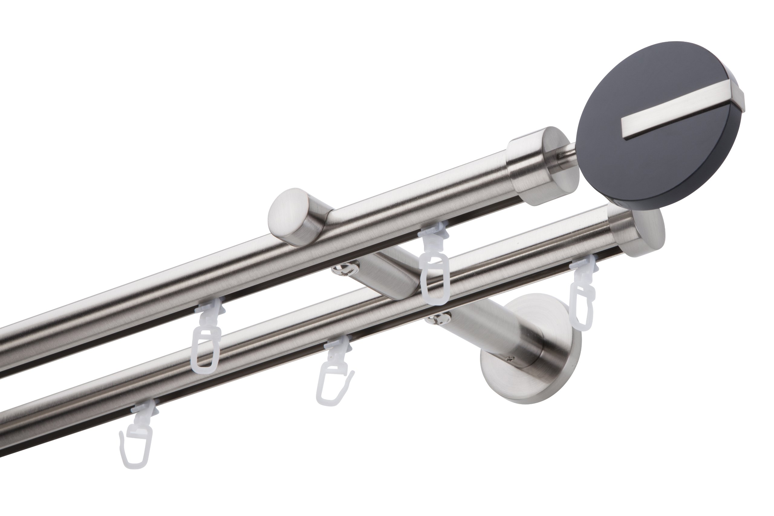 DécoProfi Gardinenstange Innenlauf 2-läufig Set Ø 20 mm Edelstahloptik (nickel gebürstet) I Länge: 600cm Aluminium für Wandmontage I Als Gardinenschiene & Vorhangstange geeignet