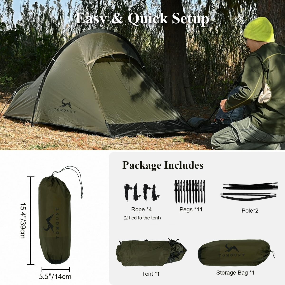 Ultralight Bivy Tent 1 Person Waterproof Solo Tent with 39.4" Peak Height for Camping, Hiking, Motorcycle and Backpacking