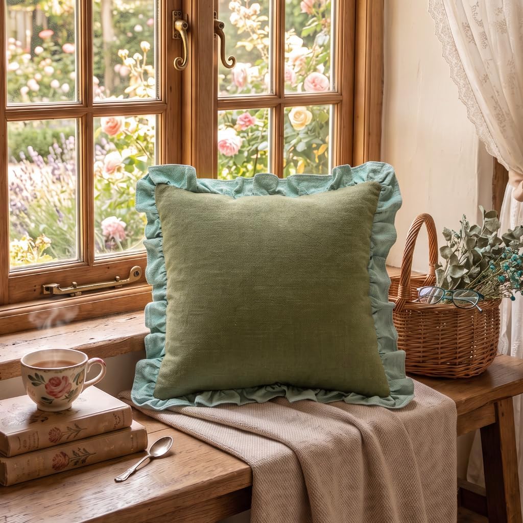 patdrea Vintage Green Linen Throw Pillow Covers,Set of 2,22"x22"-Kubum image 3