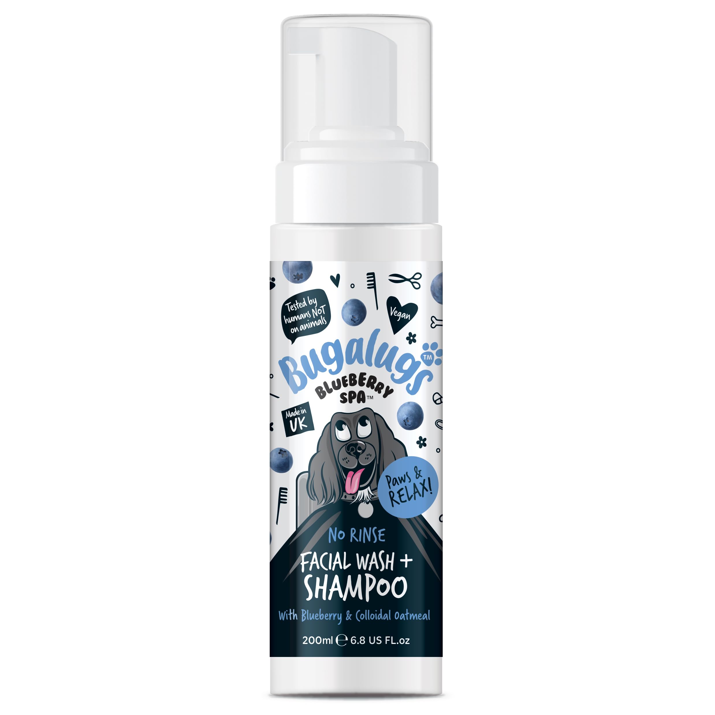Bugalugs Dog Face Wash Dry Shampoo for Dogs Blueberry Spa Facial no rinse shampoo tear stain remover for dogs eyes Brightens & Refreshes pets faces (No Rinse Facial Wash & Shampoo 200ml)