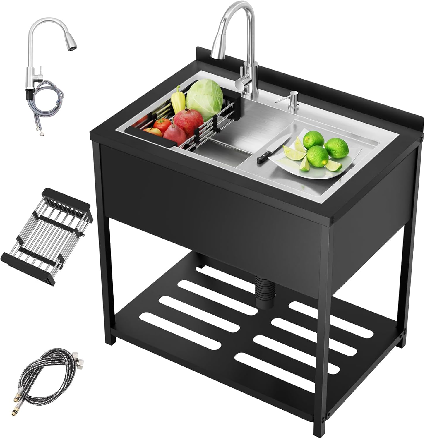 Stainless Steel Large Utility Sink, 36.6" × 24.1" × 35.4" Freestanding Sink with Cold and Hot Water Faucet,Hoses and Drain Kit,Freestanding Laundry Sink, for Kitchens, Bathrooms, Garage, Laundry Room
