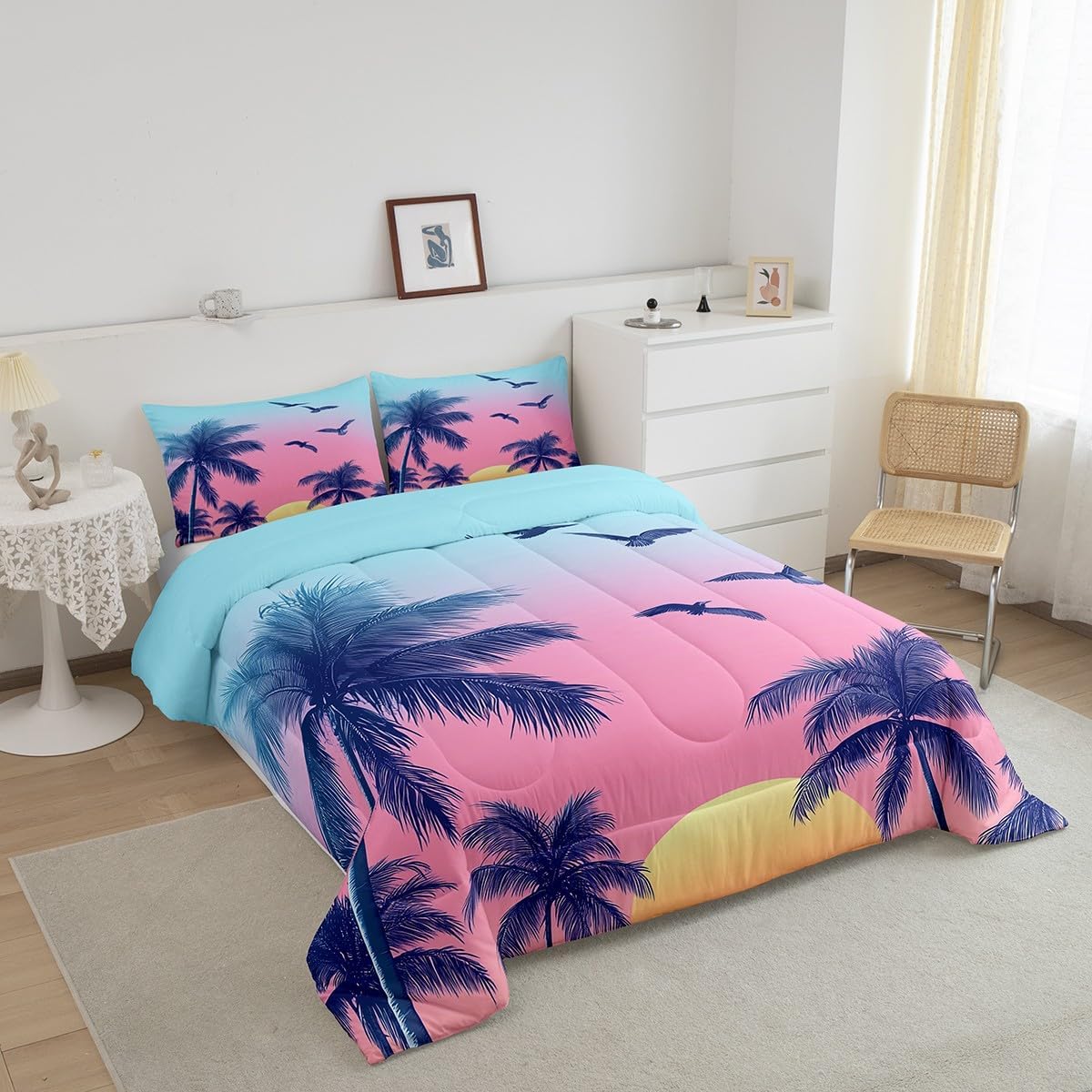 Tropical Comforter Set Twin Size,Coconut Tree Bedding Set 2Pcs for Kids Girls Boys Adult Room Decor,Coastal Beach Life Quilt Set Romantic Pink Blue Sunset Scenery Duvet Insert,1 Pillowcase