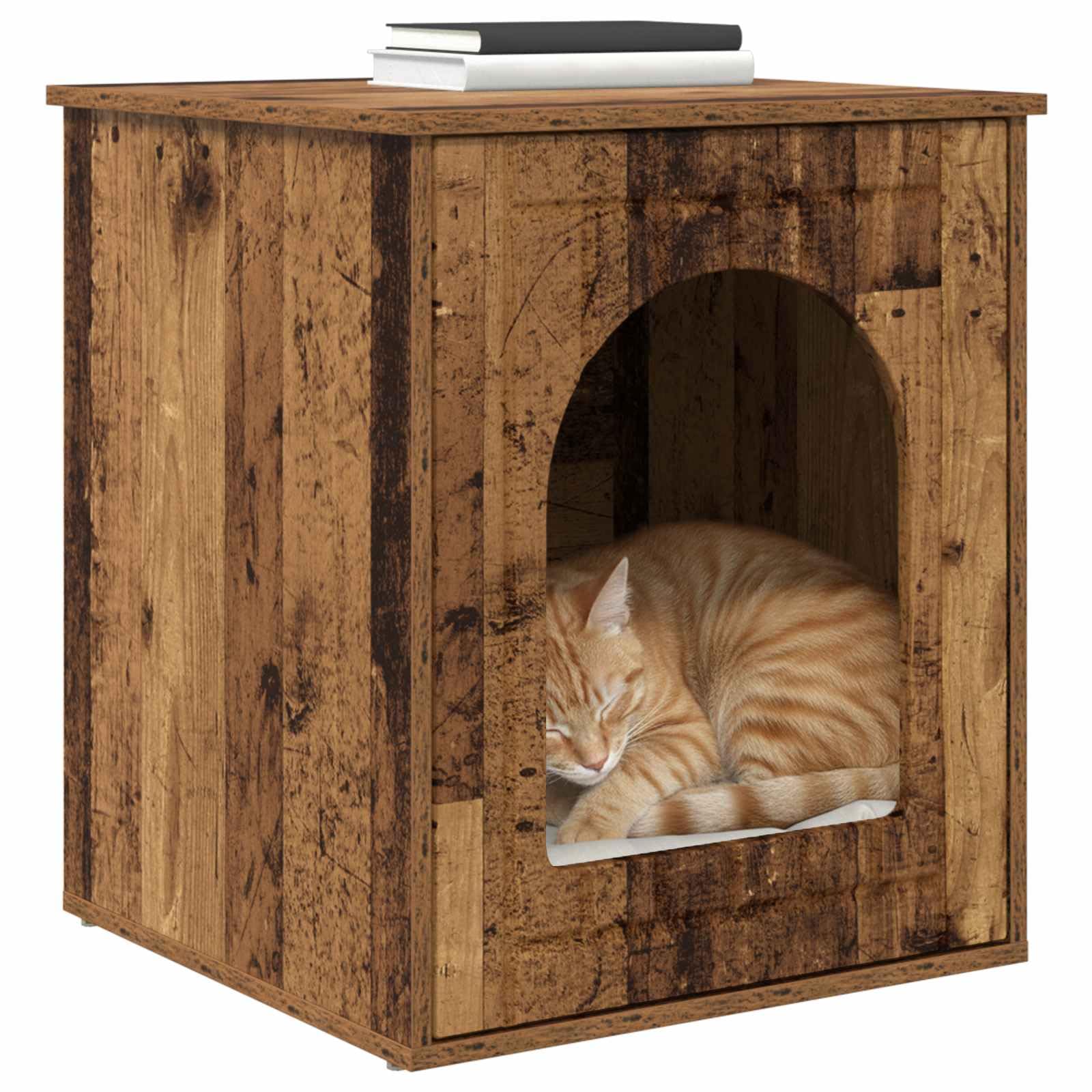Casa para gatos de madera vieja, 53 x 52 x 62 cm, con superficie de descanso y cueva, rascador, trepador para gatos, salón, plataforma de juguete y tronco de sisal