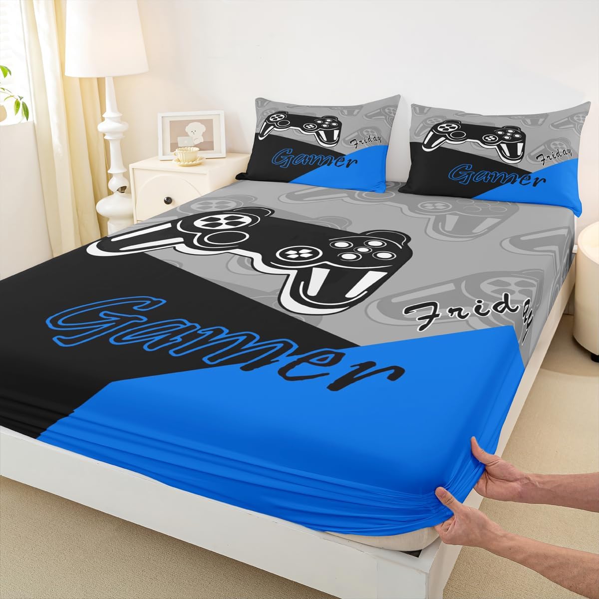 Feelyou Kids Gamer Bed Sheets Set Boys and Girls Gaming Bedding Set Video Game Controller Fitted Sheets 4Pcs Sheets Includes 1 Sheet & 1 Flat Sheet with 2 Pillowcases Blue Black (Full)
