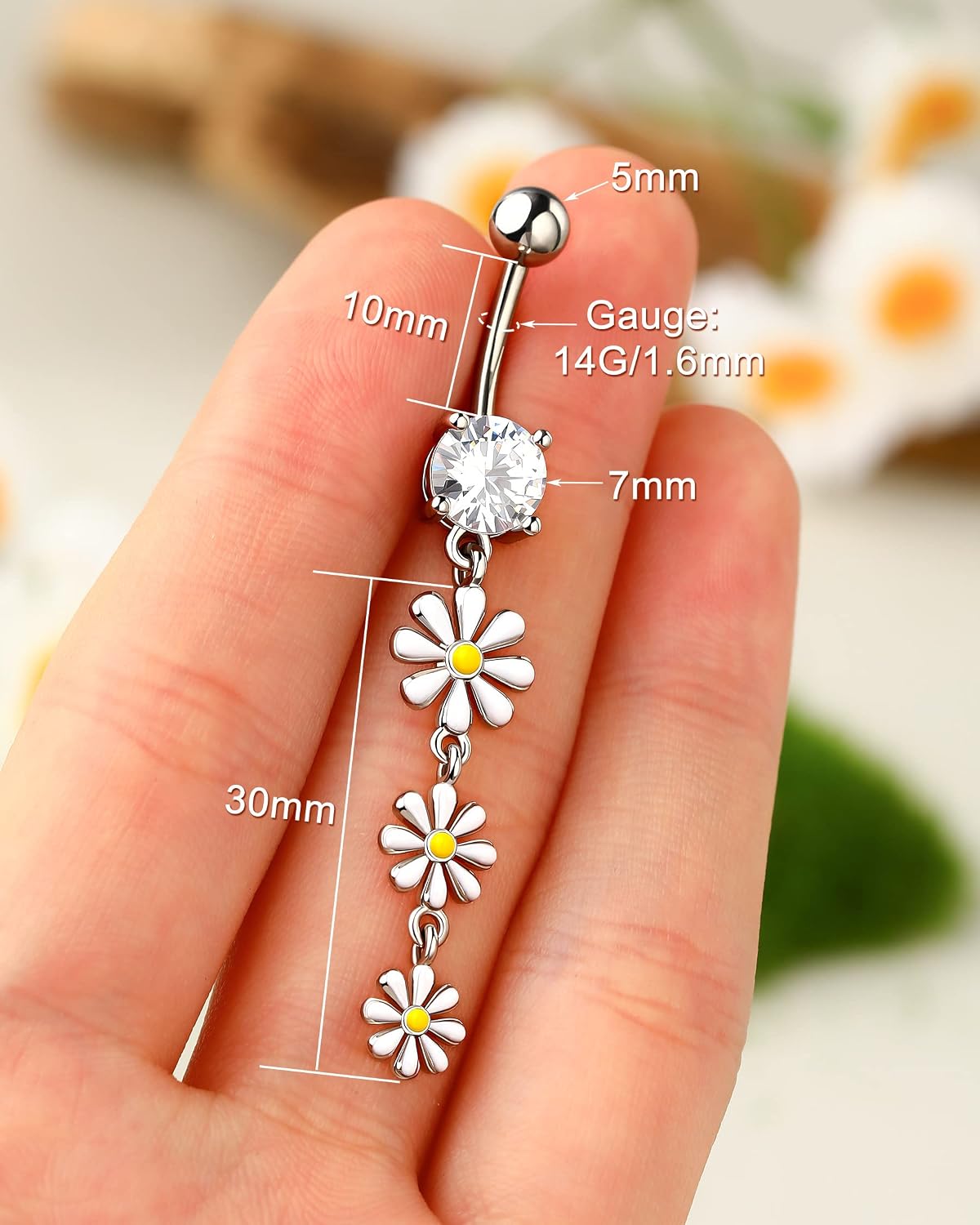 Melighting Dangle Belly Button Rings 14G Belly Rings Stainless Steel 316L Flower Belly Piercing Jewelry for Women Belly Piercing Navel Barbell Body Piercing Jewelry