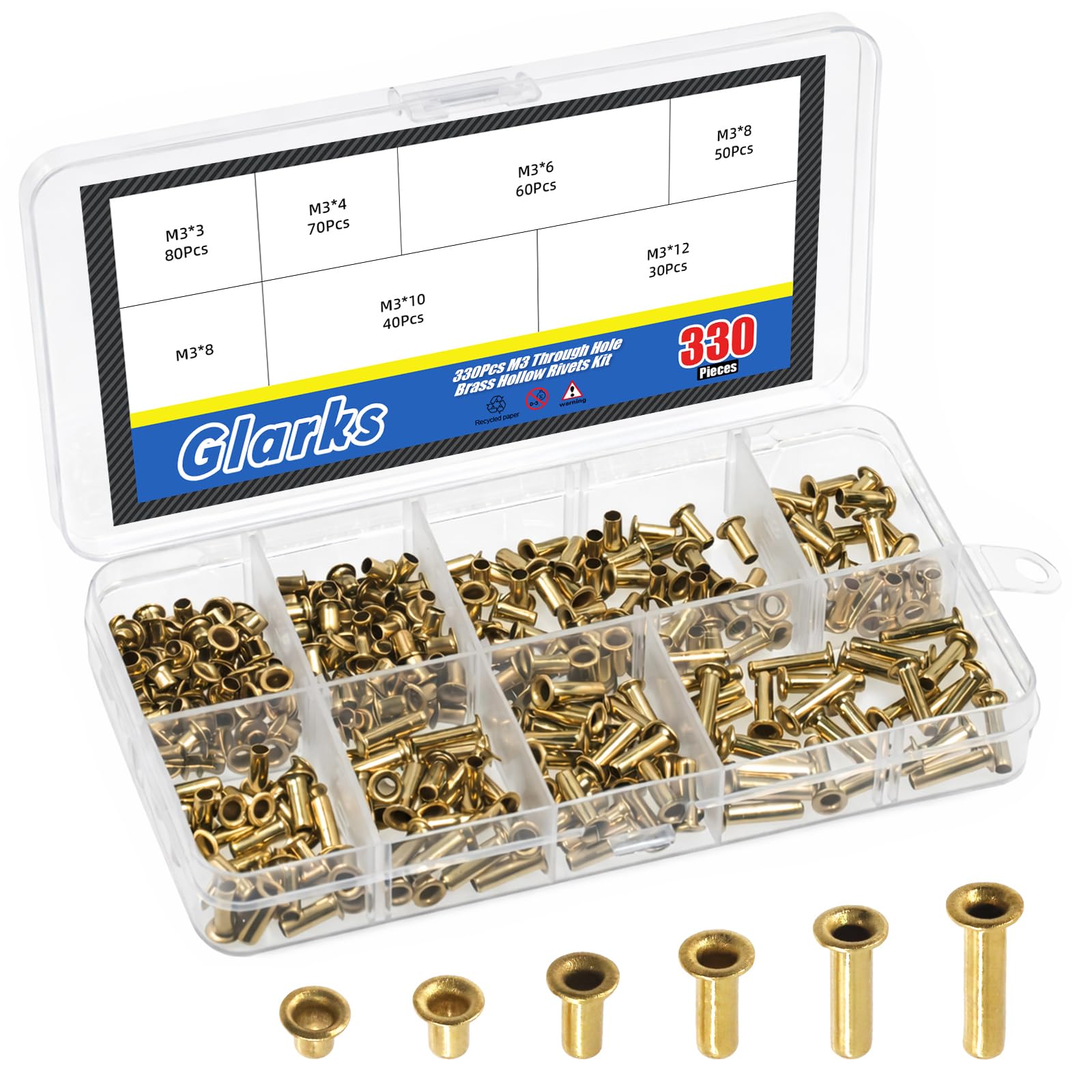 Glarks 330pcs M3 x 3/4/6/8/10/12mm Through Hole Copper Rivet Kit, Heavy Duty Hollow Rivet, Copper Air Eye Rivets, Brass Eyelets Rivets, Hollow Grommets Rivets for DIY Crafts, Leather, Clothes — image 1