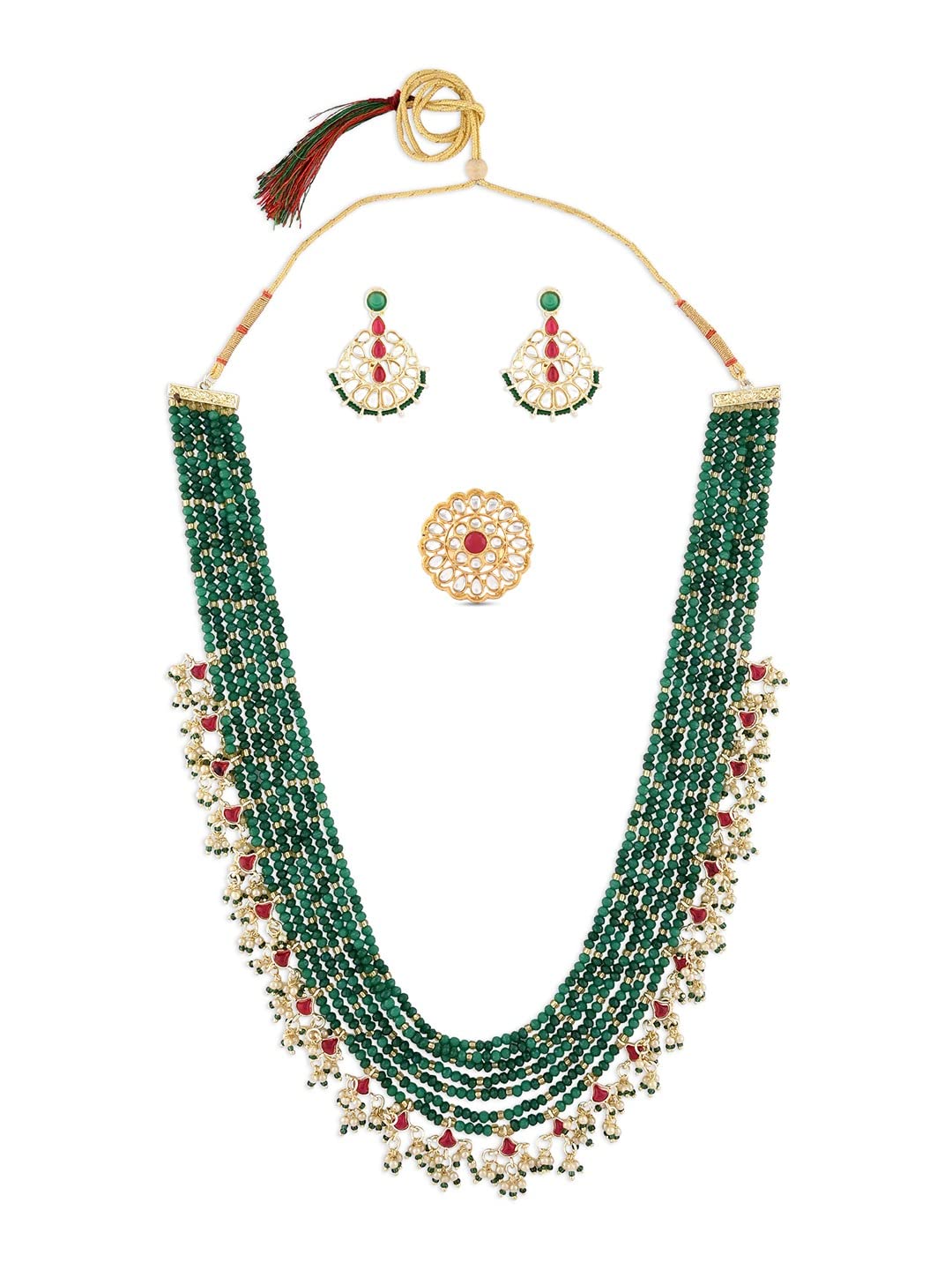 ZAVERI PEARLS Pink & Green Crystals Beaded Multilayer Bridal Necklace Earring & Ring Set For Women-ZPFK14750