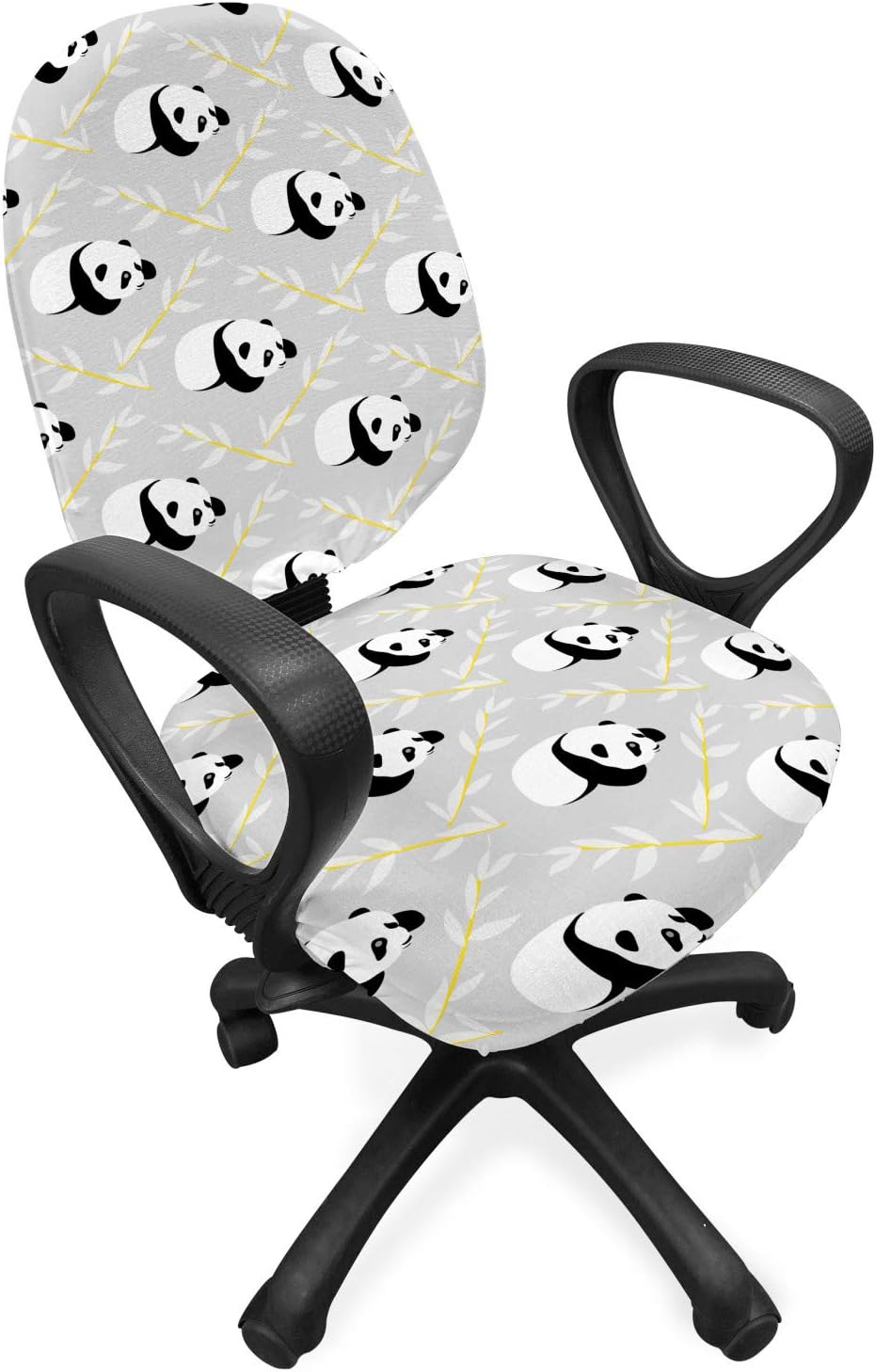 Ambesonne Panda Office Chair Slipcover, Repetitive Cartoon Animal with Leafy Branches, Protective Stretch Decorative Fabric Cover, Standard Size, Grey Black