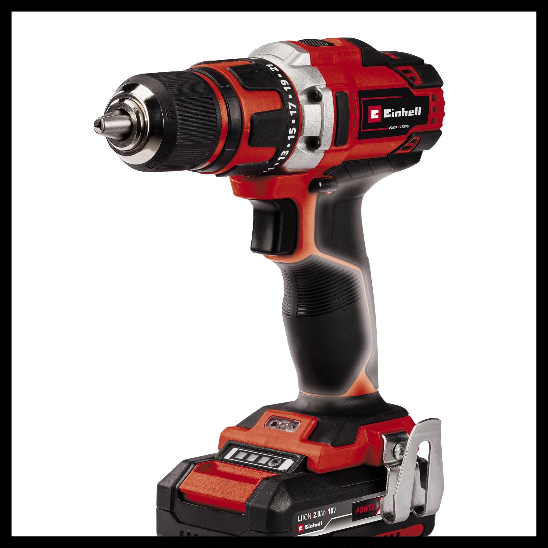 Einhell Taladro con batería TE-CD 18/40-1 Li Kit Power X-Change (18 V, 40 Nm, portabrocas de 13 mm, 2 marchas, 21 niveles de par + etapa de perforación, incl. 2 baterías de 2,0 Ah + cargador)