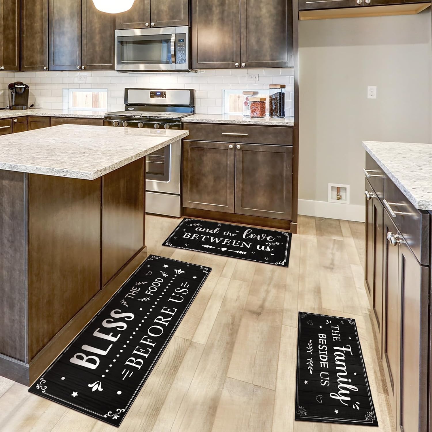 Lyrow Kitchen Rugs Set of 3 Non Slip Kitchen Mats for Floor Washable Farmhouse Rustic Floor Mat Bless The Food Before Us Decorative Runner Rug for Home Laundry Room Decor Housewarming Gift(Black)