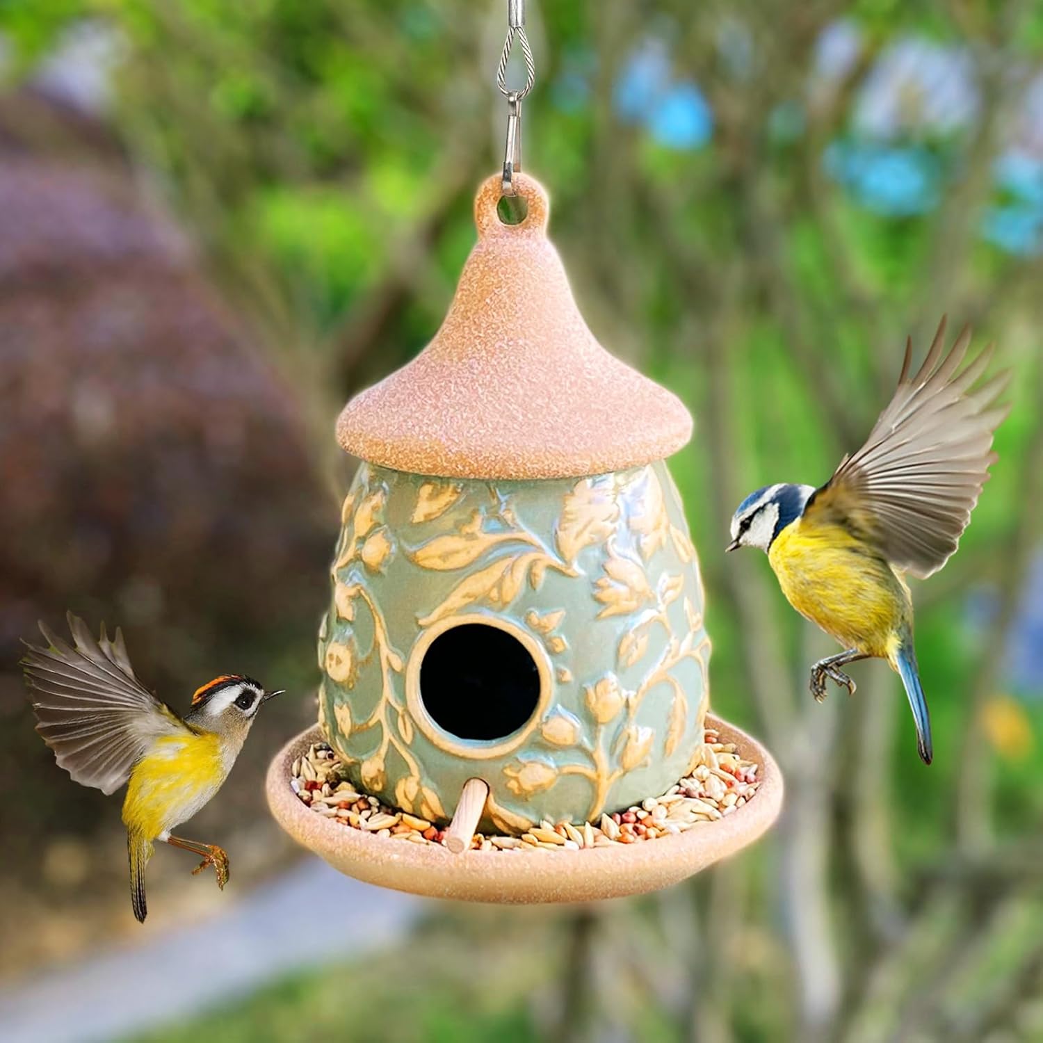 Hanging Bird Houses Ceramic Bird House Feeder with Wooden Pole for Outside Hummingbirds Cardinal Bluebird Nest Birdhouse Pet Cottage for Patio Outdoor Garden Decor