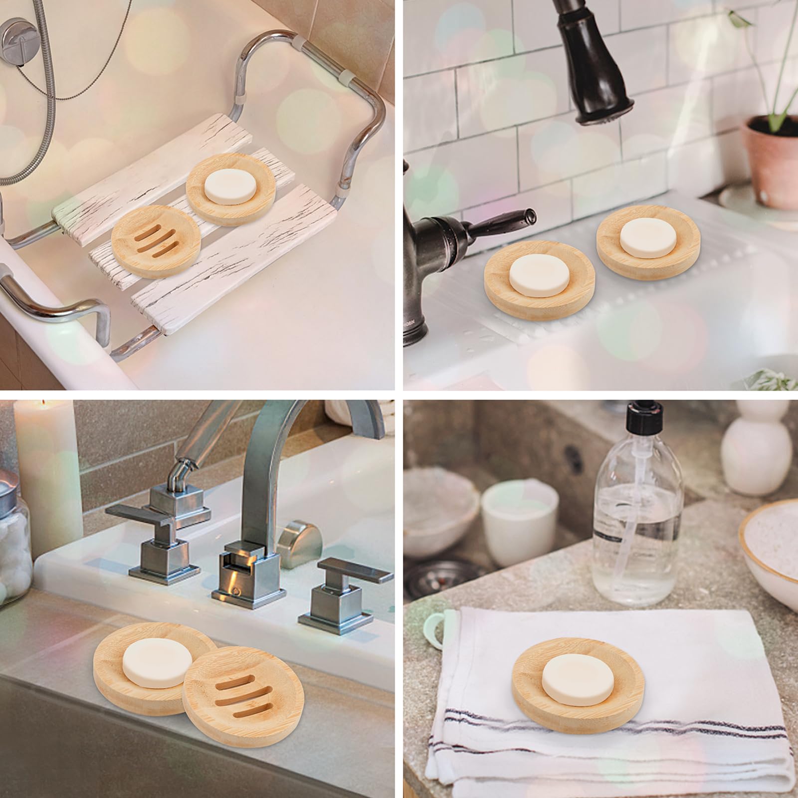 Paquete de 4 jaboneras de bambú para ducha, jaboneras de madera para barras, jabones, esponja, bandeja de ahorro de jabón de madera natural, autodrenante para mantener el jabón seco