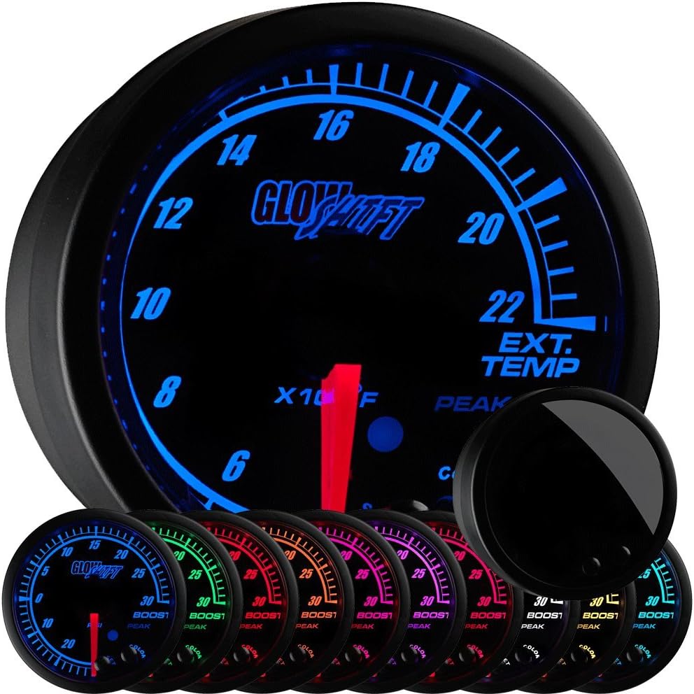 GlowShift Elite 10 Color 2200 F Pyrometer Exhaust Gas Temperature EGT Gauge Kit - Includes Type K Probe - Black Dial - Tinted Lens - Peak Recall Function - for Car & Truck - 2-1/16" 52mm