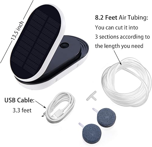 Miniatura 6 de Lewisia Kit de bomba de aire solar USB para acuario, tanque de peces, bomba de aire con mangueras de aire, clip de piedras de burbujas, 3 modos de