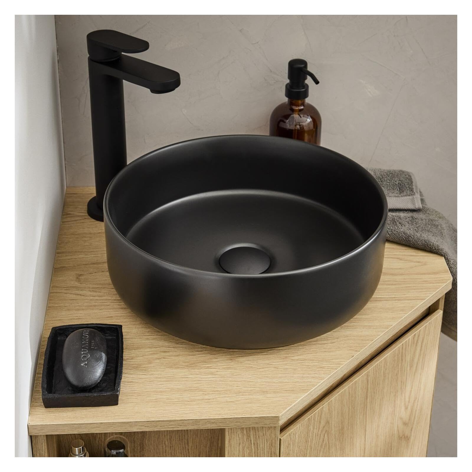 MOB-IN Ensemble Meuble sous Vasque d'angle Sorrento + Vasque Noire + Robinet