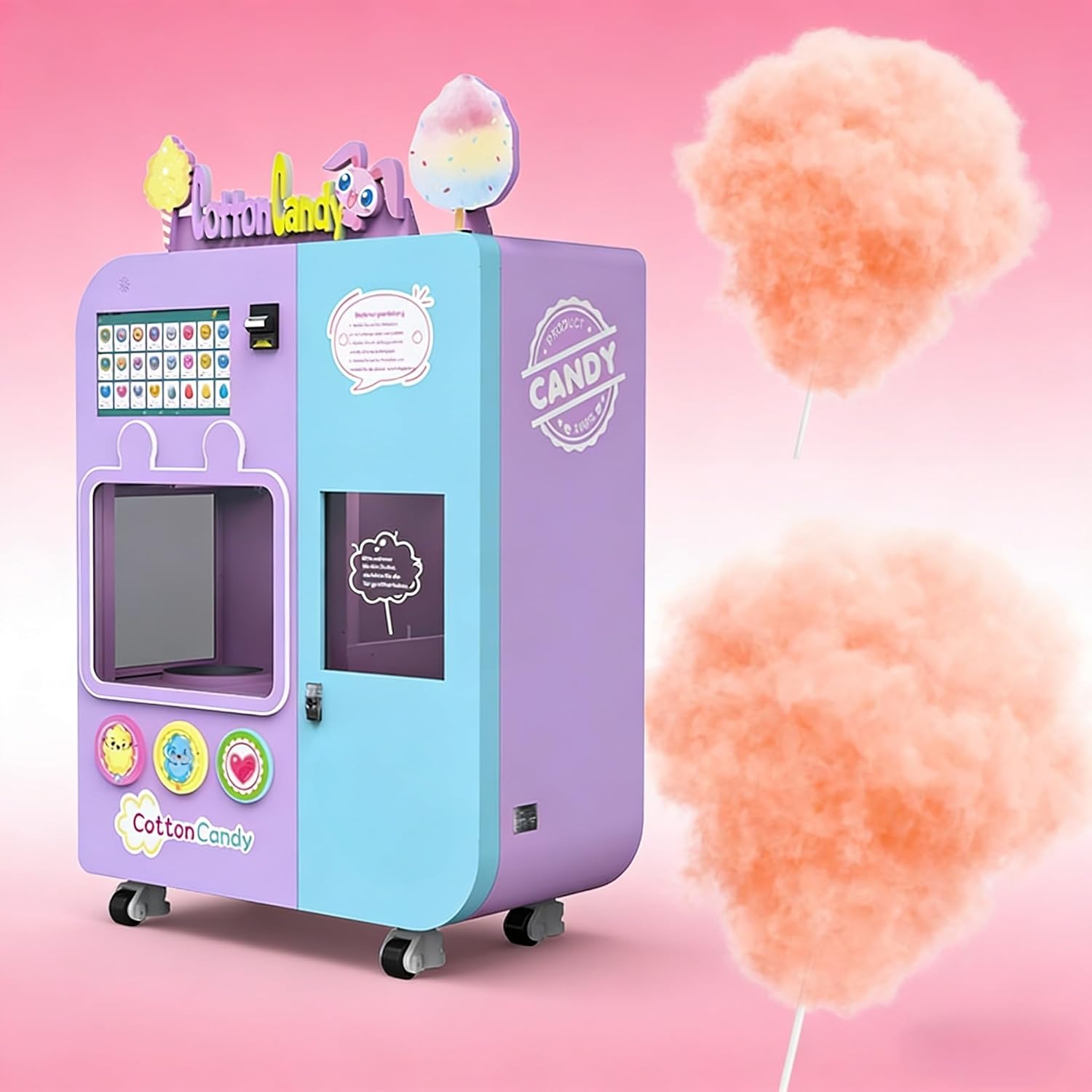 Automatic Cotton Candy Booth Vending Machine with Touch Menu, Rapid Heating, LED Attraction Lights, Large Sugar Storage, Perfect for Parks, Events, and Shopping Areas