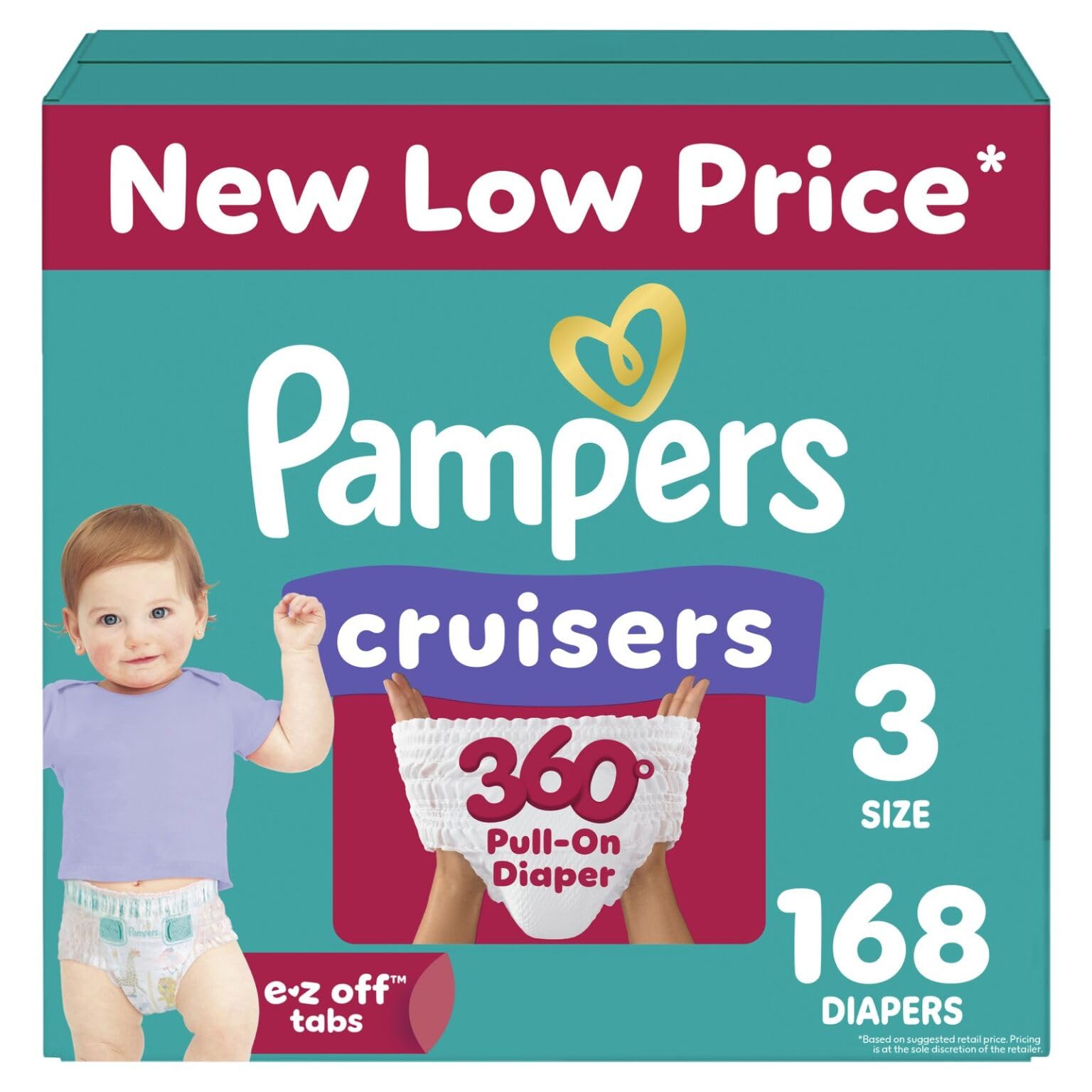 Pampers Diapers Size 3, 168 Count - Pull On Cruisers 360° Fit Disposable Baby Diapers with Stretchy Waistband, (Packaging & Prints May Vary)