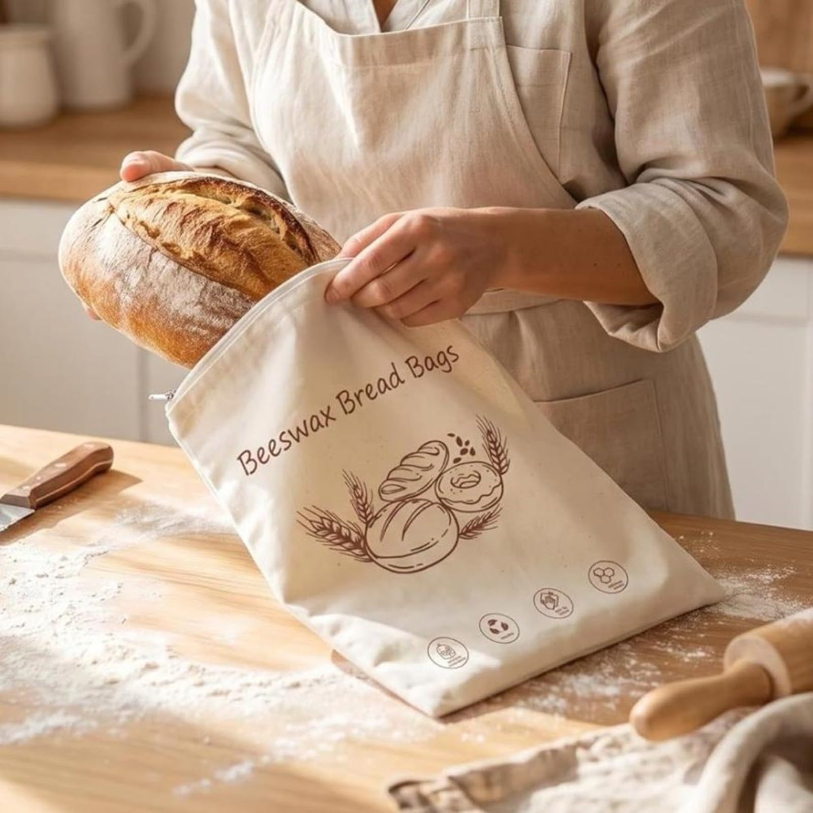 Wiederverwendbare Bienenwachs-Baumwoll-Brotbeutel für hausgemachtes Brot, hält frisch (10 Stück)