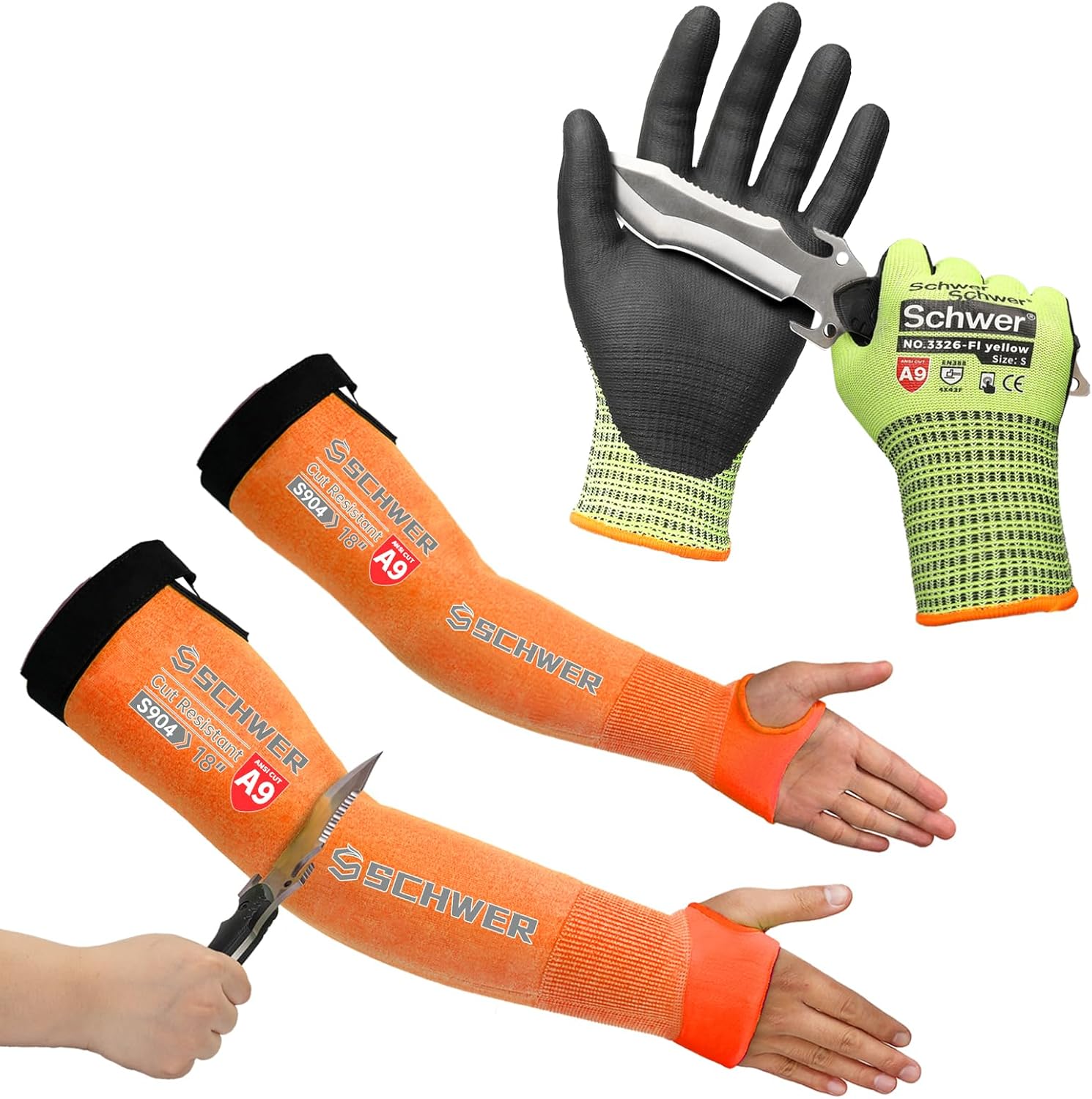 Schwer 1 Pair Size M Highest Level Cut Resistant Work Gloves+ 1 Pair Highest Level Cut Resistant Arm Sleeves for Men&Women Work