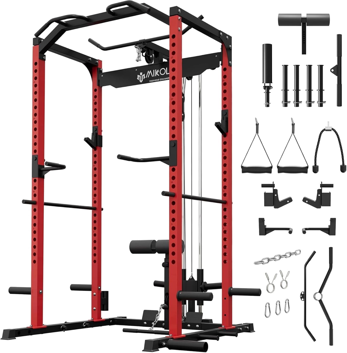 Mikolo F4 2.0 Power Cage with Dual-Track Smooth Pulley System, 1200LBS Power Rack with Leg Hold-Down for Heavy LAT Pulldowns, All-in-One Squat Rack with More Training Attachments for Home Gym