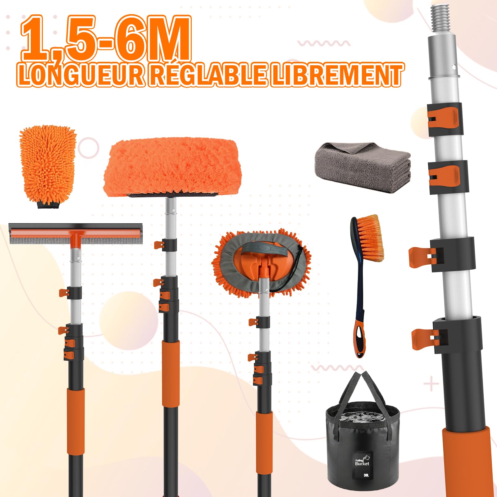 LAANPOLE Brosse Nettoyage Voiture avec Perche Telescopique 6m, Brosse Lavage Voiture avec Brosse Douce, Serpillière en Microfibre, Raclette Vitre, Gant, Brosse Jantes pour Camping-Car, Camion