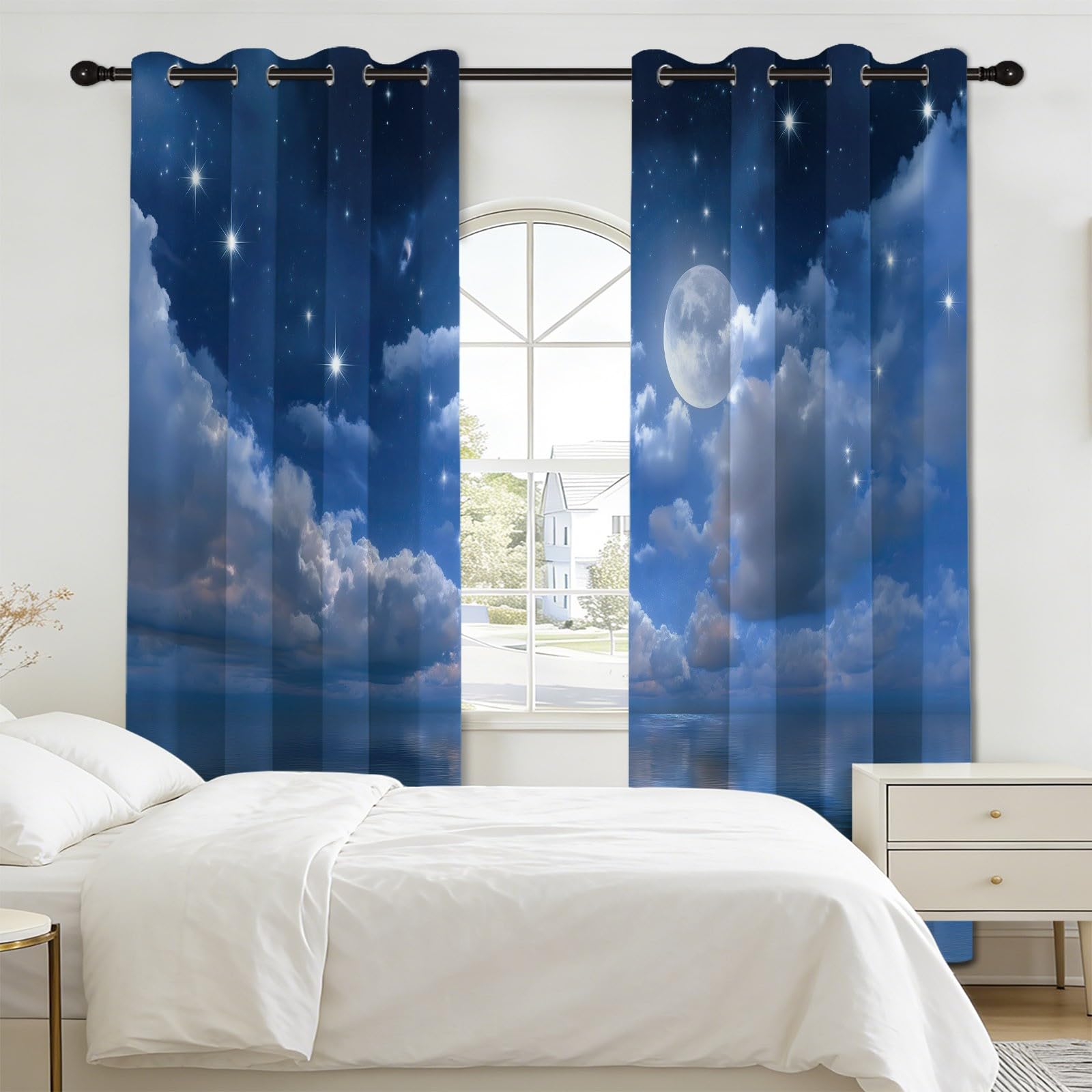 140 l x 175 cm Romantyczna zasłona z oczkami akwarela - gwiaździste niebo księżyc chmury, izolowane termicznie, zasłony zaciemniające z oczkami do salonu, sypialni i pokoju dziecięcego, 2 panele