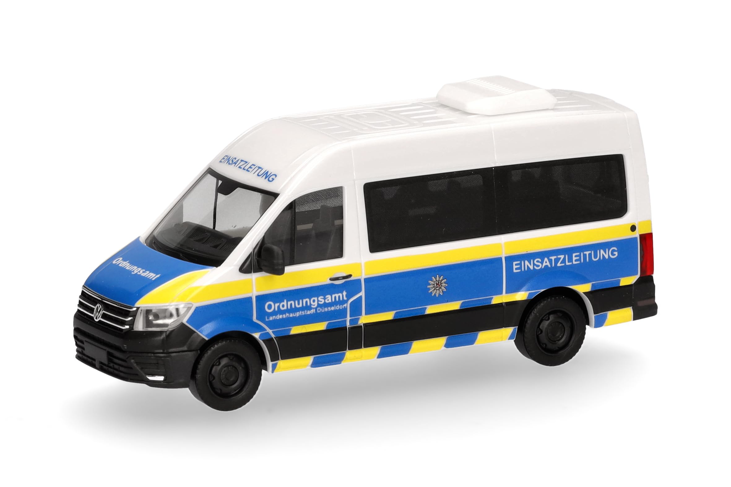 Herpa car model VW Crafter Bus Hochdach "Public order office Düsseldorf ELW", on a scale of 1:87, plastic miniature, made in Germany, model building, collectors edition