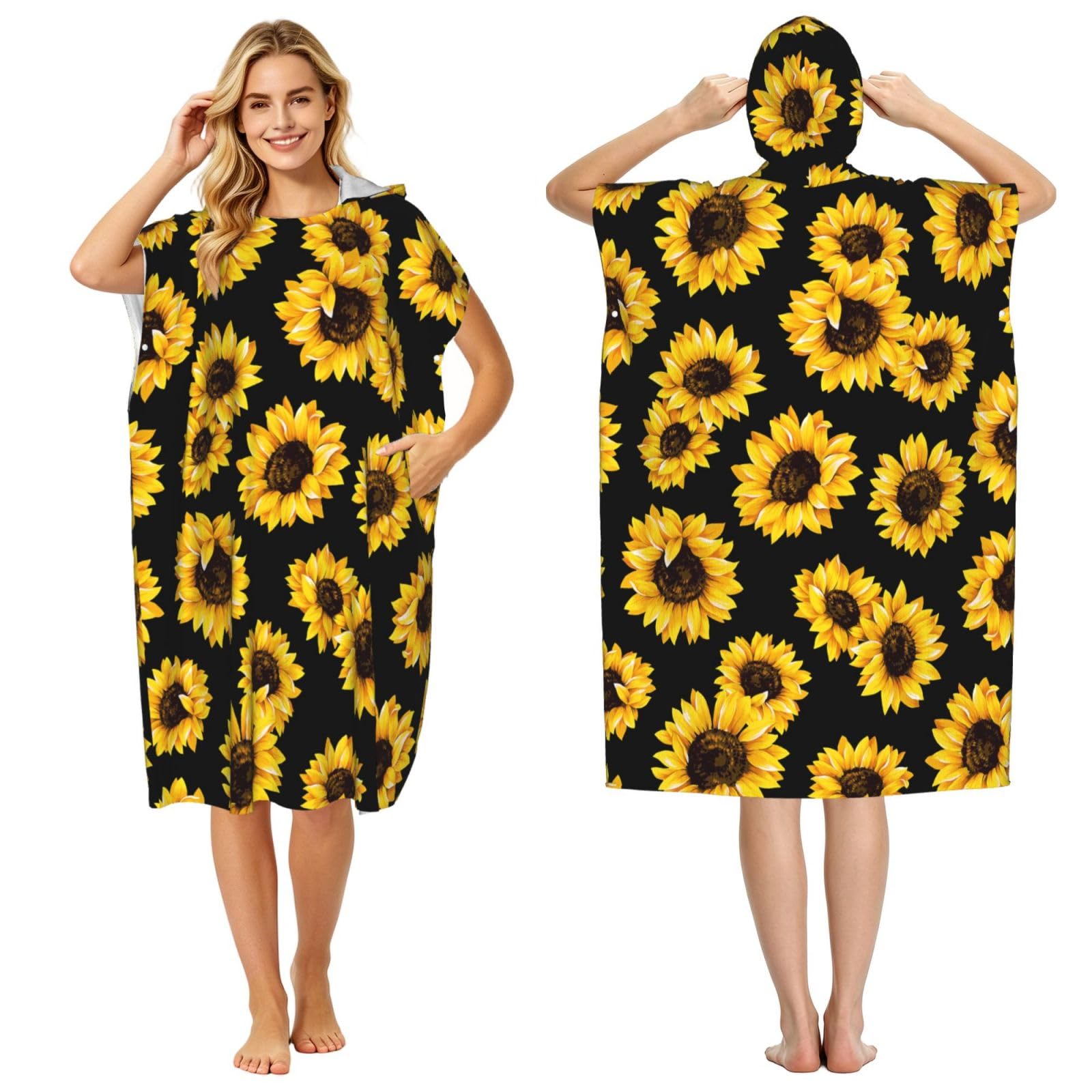 Sunflower, Adult Hooded Beach Towel 90 x 110 cm,Changing Bath Robe, Surf Poncho Towel For Women Men
