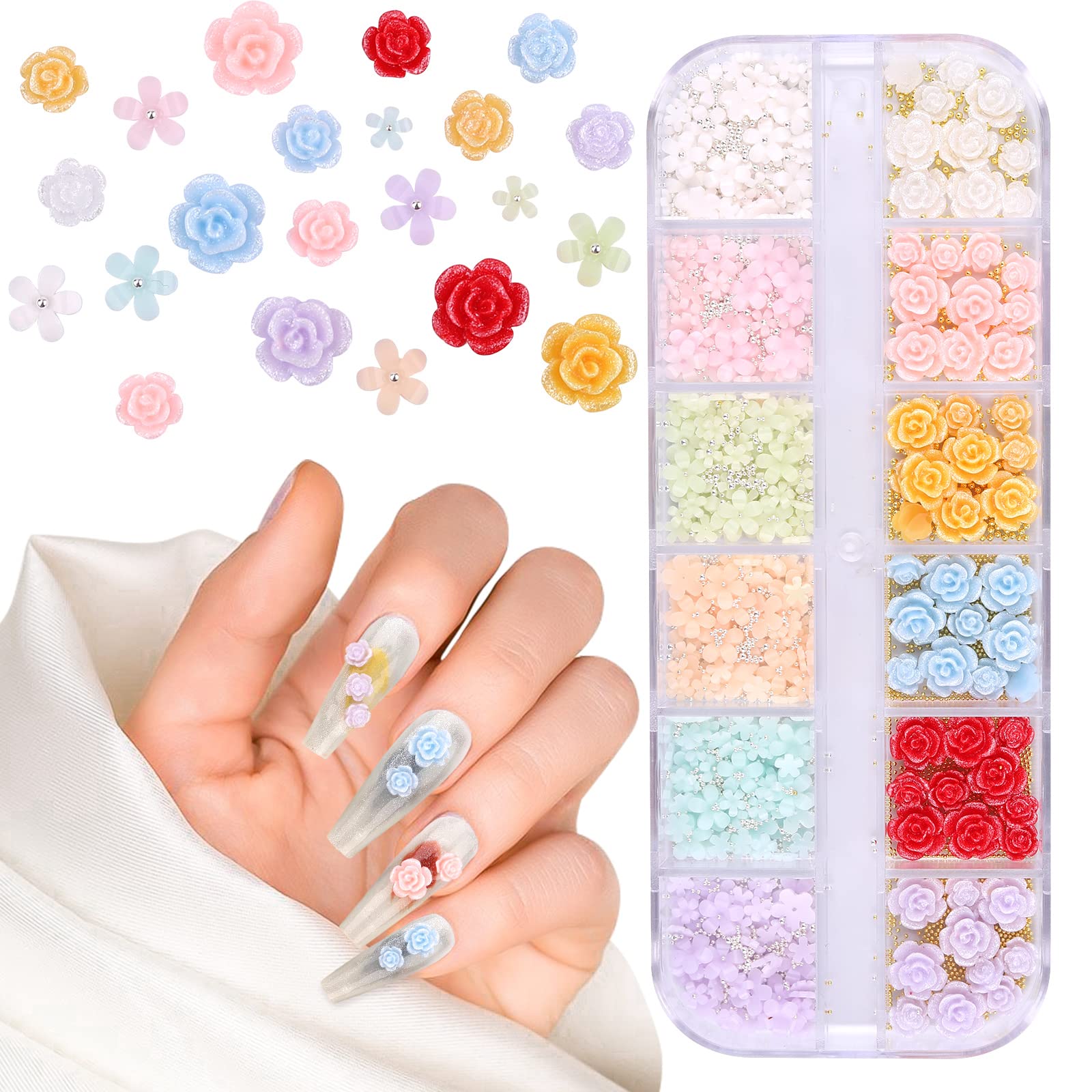 EBANKU 3D Acryl Blumen & Perlen Für Nail Art – 2 Boxen Mit 60 Stück, Weiße Blumen, Kaviarperlen, Glitzer-Dekoration Für Nägel