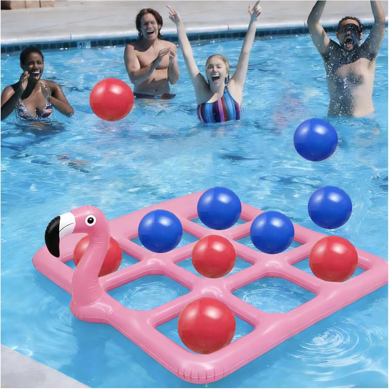 TicTac Shot Pool Toys Games Set 140 x 137 cm (55 x 53 inches), Cartoon Water Play Grid Inflatable Pool Toy with 10 Balls for Swimming Pool