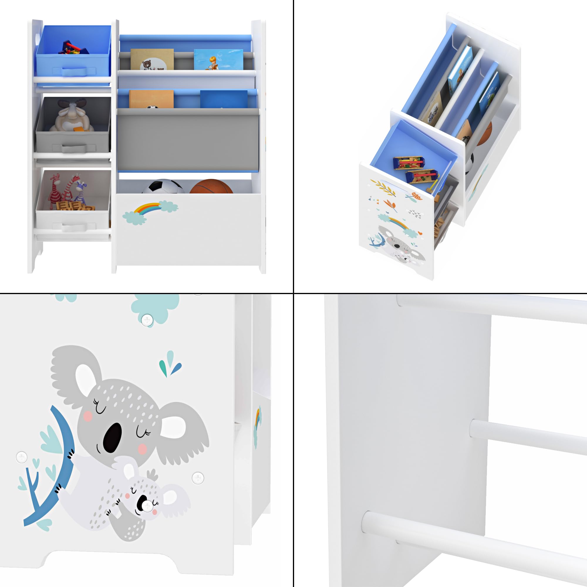 [en.casa] Scaffale per Cameretta con Contenitori Morbidi a Scaletta e 3 Cassetti Pieghevoli Porta Giochi - Mobile a Misura di Bimbi - Decorazione Koala - Blu/Bianco