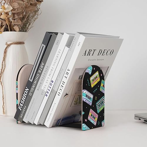 Miniatura 7 de Wood Bookends for Shelves, Retro 80s Cassette Tape Decorative Non-Slip Book Holder/Stopper/Stands for Office Home Decor, Aesthetic Book Ends, Desk