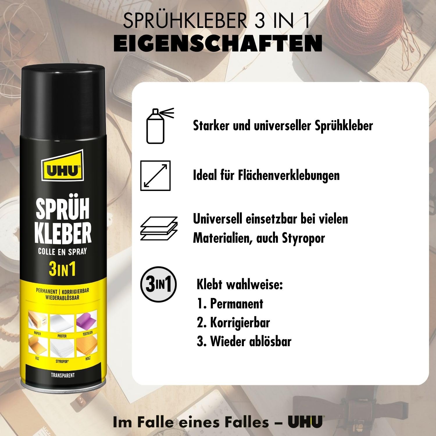 UHU Klej w sprayu 3 w 1, puszka ze sprayem 500 ml