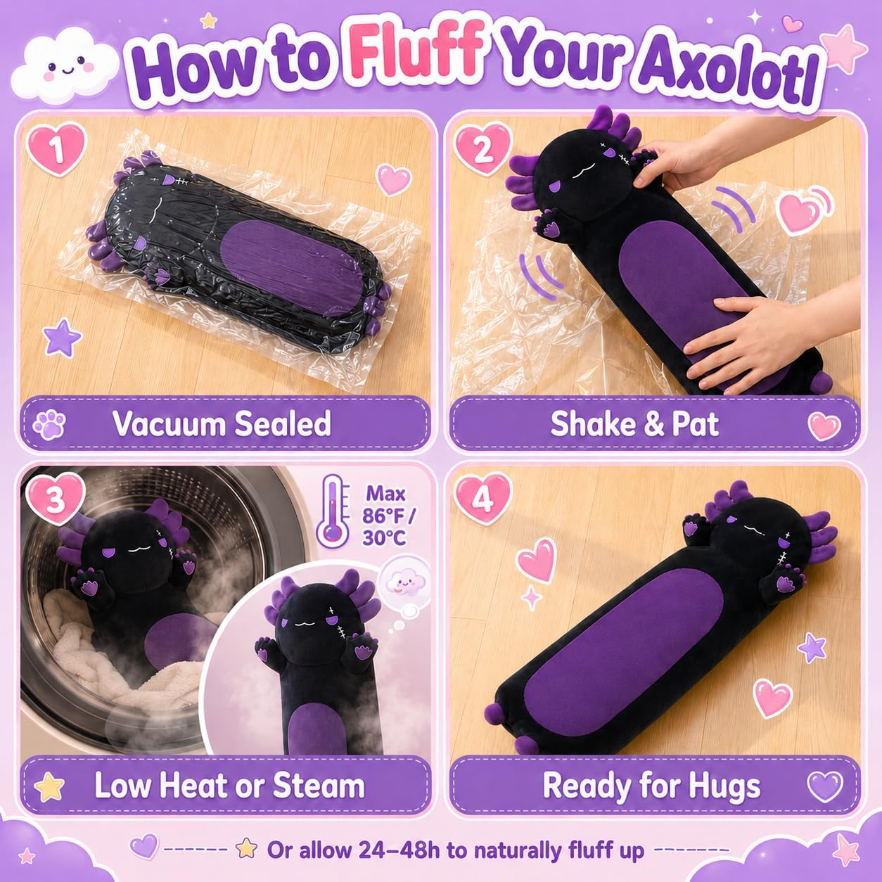 Long Axolotl Stuffed Animals 19.7 inch, Soft Long Axolotl Plush Pillow Cute Axolotl Plush Body Pillow Gifts for Kids Girlfriend, Black&Purple