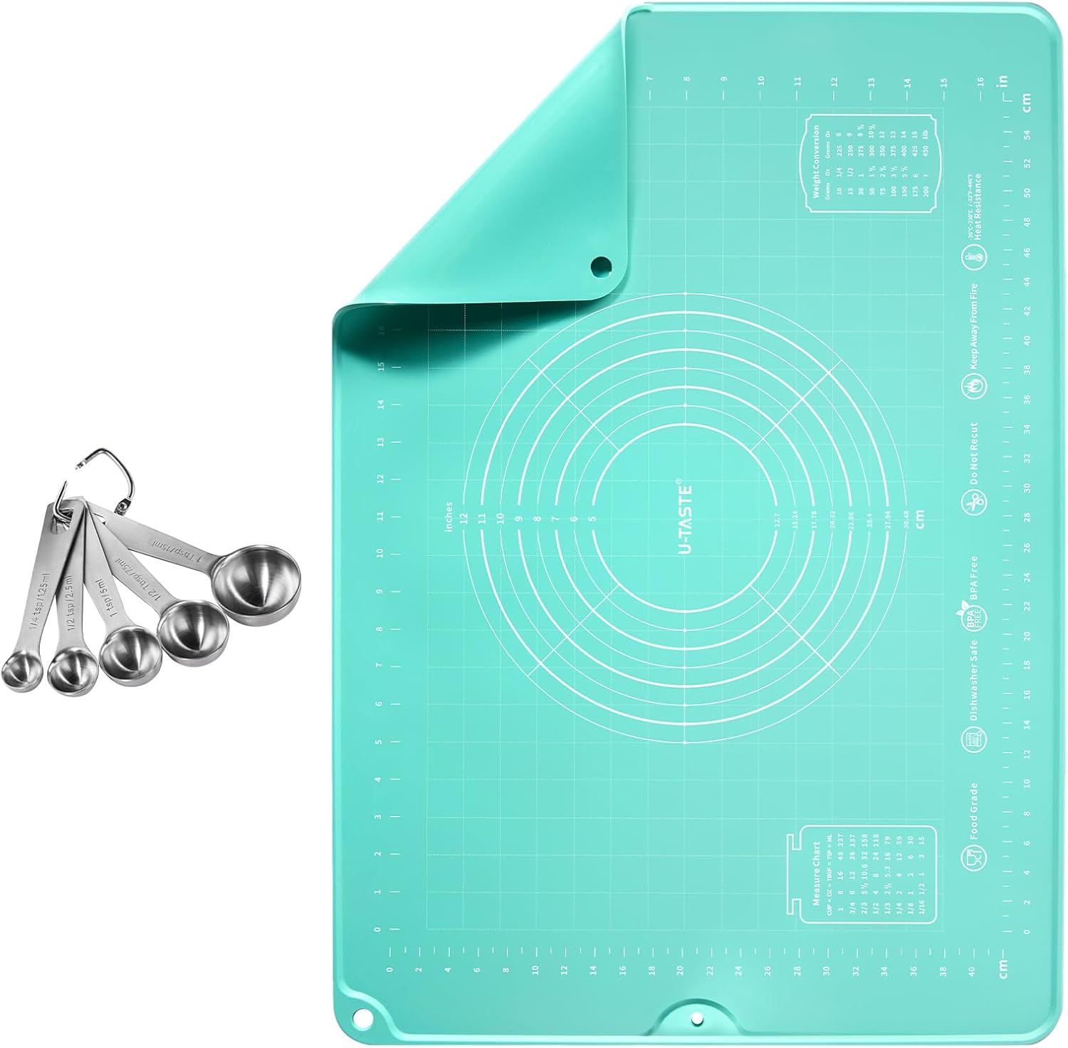 18/8 Stainless Steel Measuring Spoons Set for Dry and Liquid Ingredients (Set of 5), and 20inx28in Large Silicone Pastry Mat Food-Grade Non-Stick Dough Rolling Mat (Aqua Sky)
