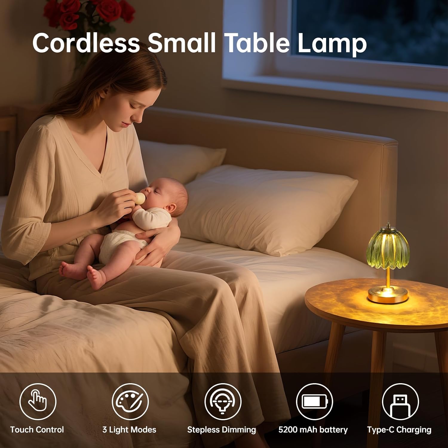 Tulip Small Table Lamp, 5200mAh Cordless Touch Control Mini Table Lamp with 3 Color Temps & Stepless Dimming, Perfect for Small Spaces Like Dressers, Bedsides, Bookshelves (Green Tulip)