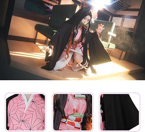 Vista 4 de Disfraz de anime de Tanjiro Zenitsu Shinobu Giyu Mitsuri con peluca y aretes, uniforme para Halloween, Rosado, Grande