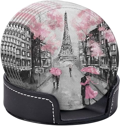 Miniatura 3 de Juego de 6 posavasos de cuero de la Torre Eiffel para los amantes de París de color rosa para bebidas con soporte para mesa de bebidas, posavasos