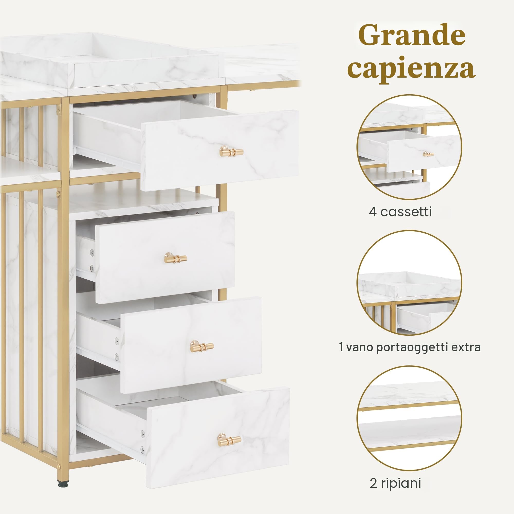 MCombo M tavolo per unghie doppio con cassetti, scrivania con ripiano, tavolo per manicure, toletta senza specchio soggiorno moderno, marmo-bianco-oro, 50 x 200 x 86cm, 2413