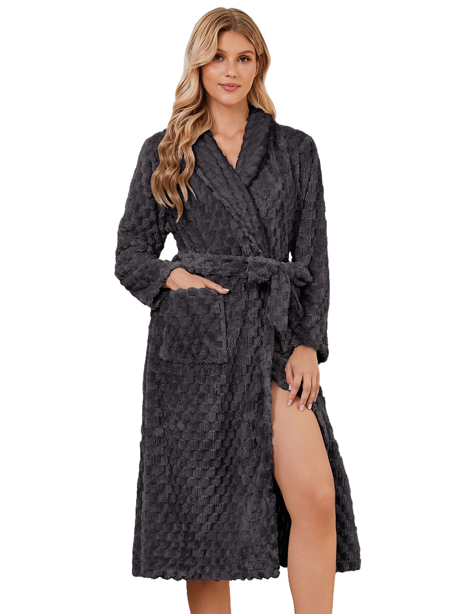 Ekouaer Damen Morgenmantel Lang Plüsh Robe | warm dick & weich Fleece für den kalten Winter, 2 Taschen & Bindeband, Schalkragen, wadenlang, kuscheliger Hausmantel