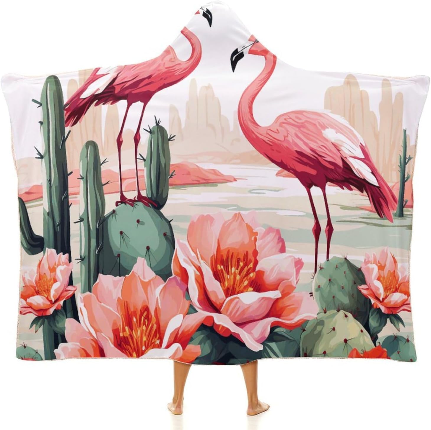 Green Flamingo Rose Flowers Wearable Hooded Blanket, Ultra Soft Arctic Velvet Cape Cloak Unisex - Cozy Wearable Blanket