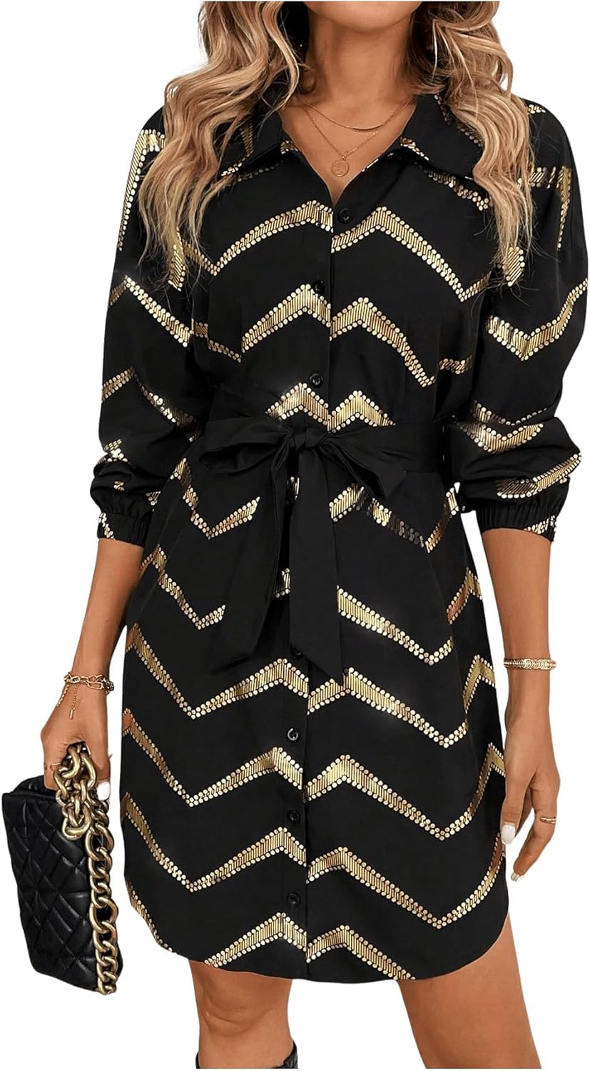 SweatyRocks Women's Metallic Gold Long Sleeve Dresses Collar Shirtdress Casino Night Party Outfit - Image 3