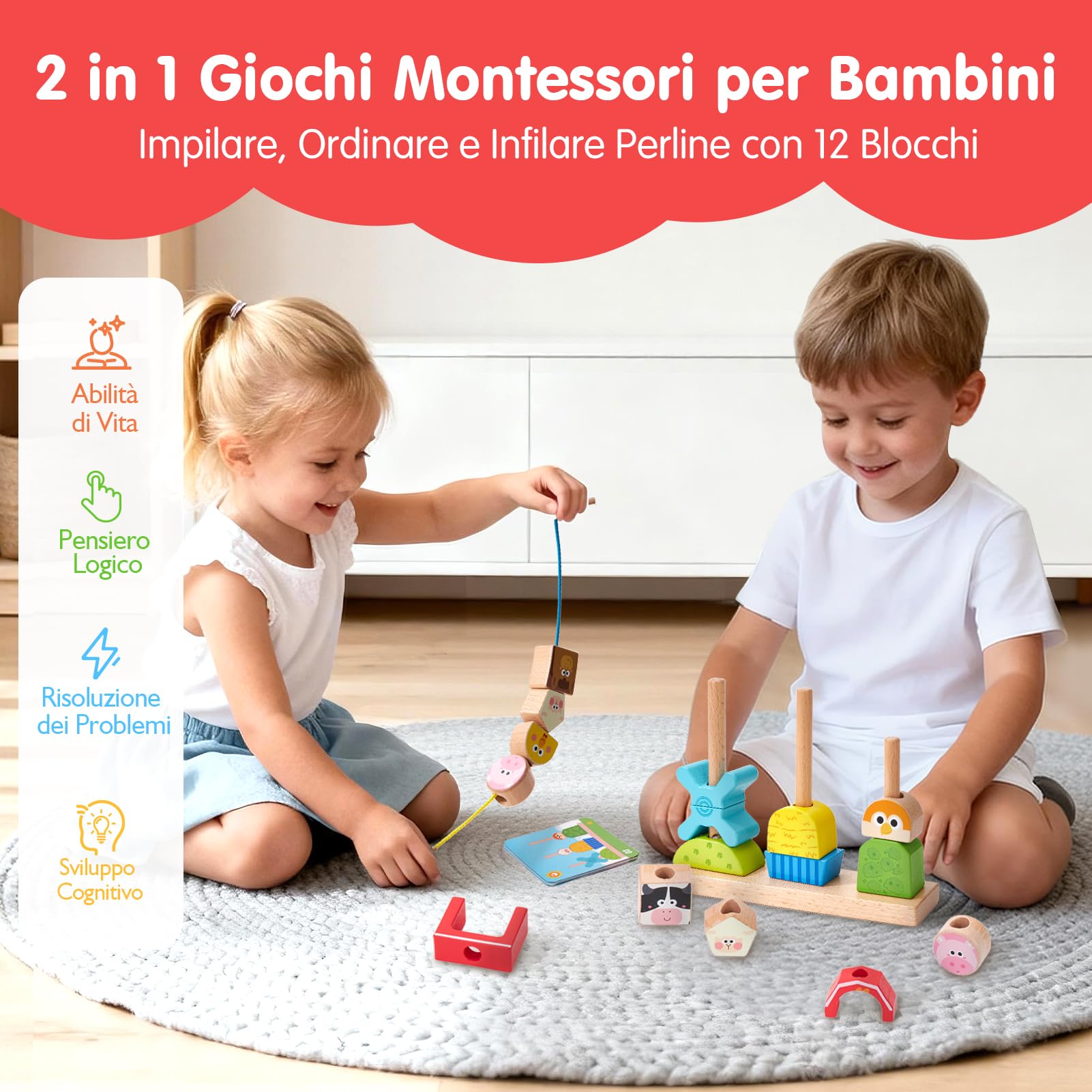 hahaland Giochi Montessori 1 Anno, Fattoria Giochi Legno Bambini da Impilare e Ordinare, Gioco Educativi Interattivo Regalo Bimbo Bimba 1 2 3 Anni