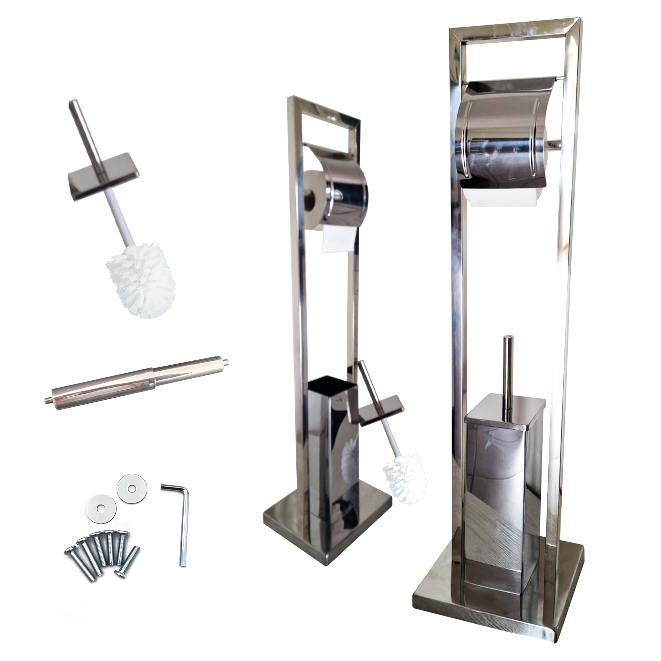 MAKA Portasciugamani da Terra in Metallo Argento Cromato Lucido Piantana da Bagno Con Bracci Portarotolo Carta Igienica Porta Scopino Toilette Moderno Regolabile Alluminio (Rotolo-Scopino)