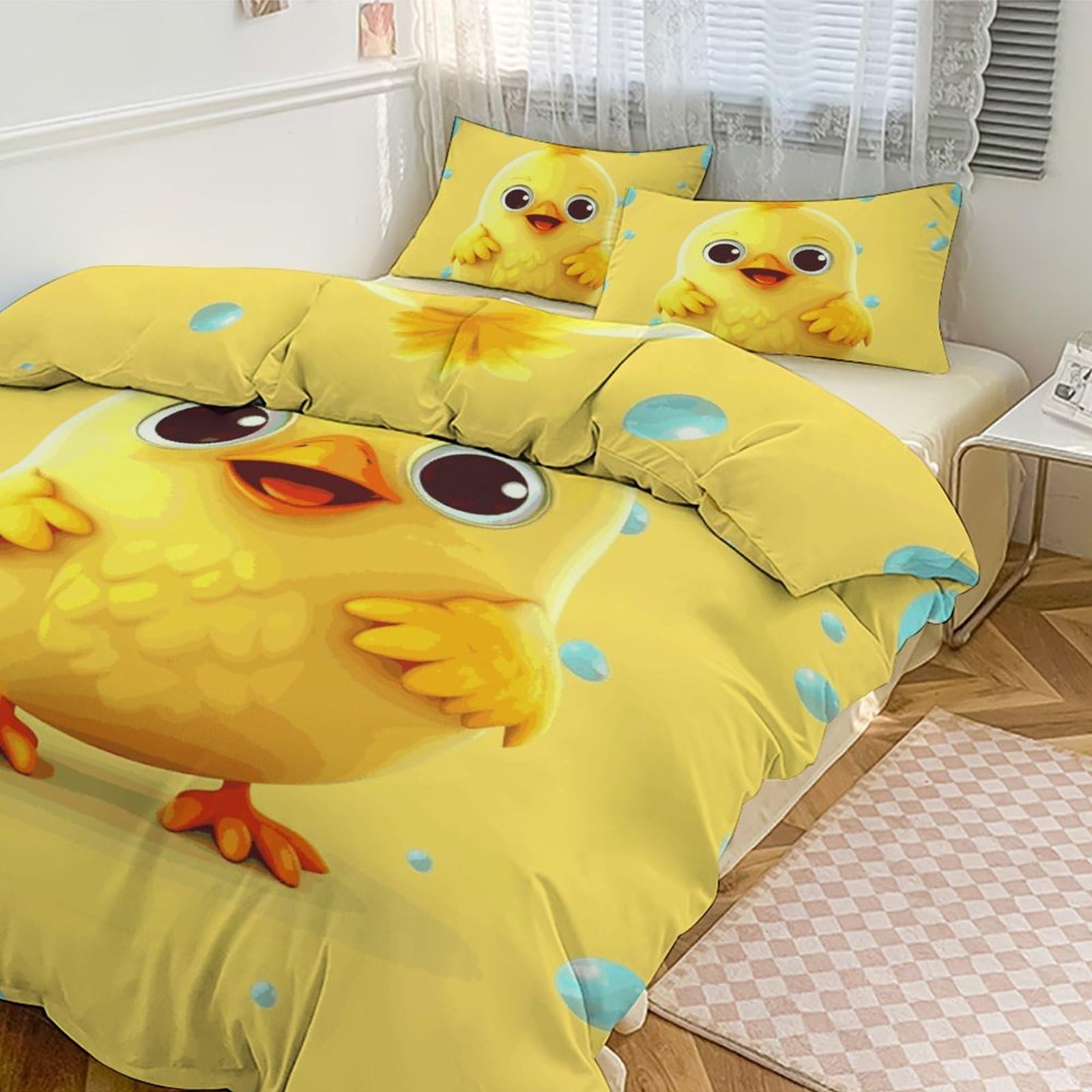 Housse de couette pour grand lit jaune avec 2 taies d'oreiller pour chambre cosy