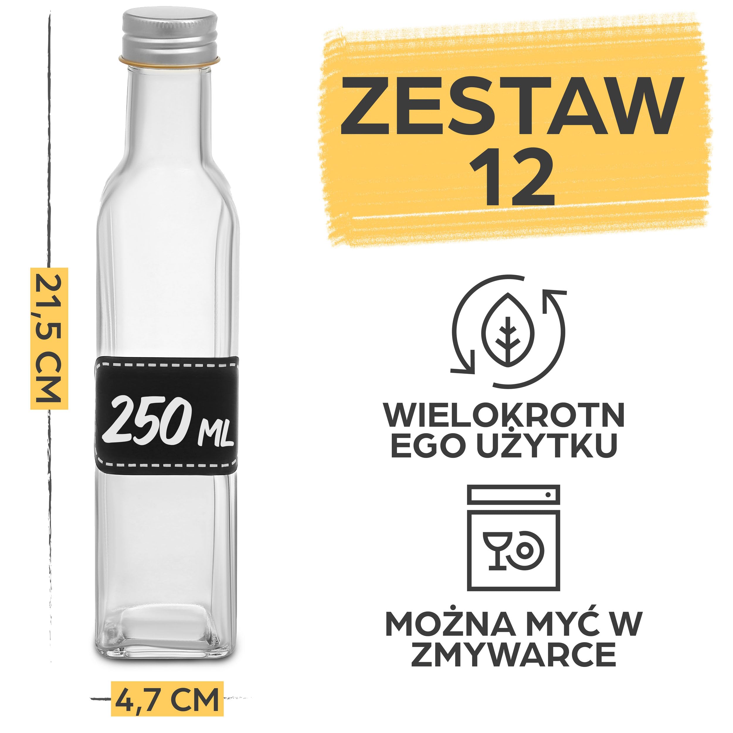 12 szklanych butelek z kwadratową zakrętką o pojemności 250 ml - Puste butelki do napełniania - 12 etykiet z długopisem - Szklane butelki na olej, ocet, sok i lemoniadę