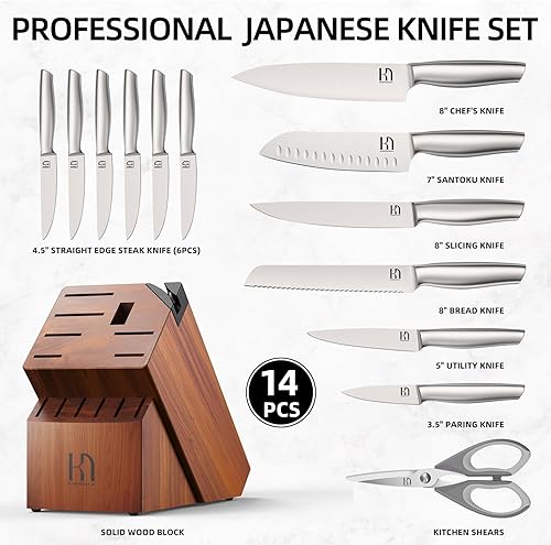 Miniatura 6 de Juego de cuchillos de acero inoxidable japonés de alto carbono, 14 piezas, juego de cuchillos de cocina con afilador integrado y bloque de madera,