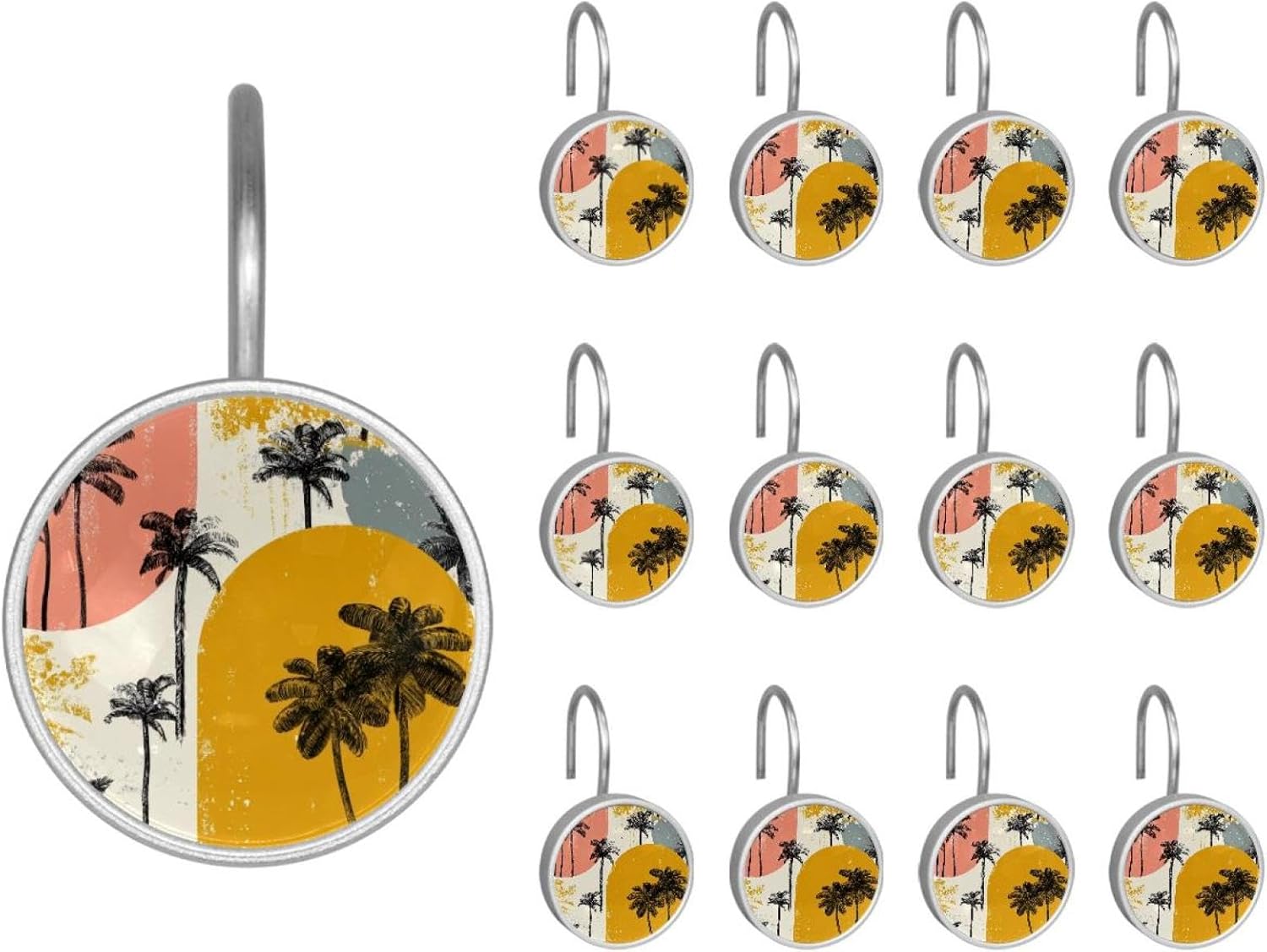 Abstract Flowers Palm Trees Round Crystal Glass Decorative Shower Curtain Hooks with 3D Pattern Visual, Rust Proof Shower Curtain Rings-12 Pack