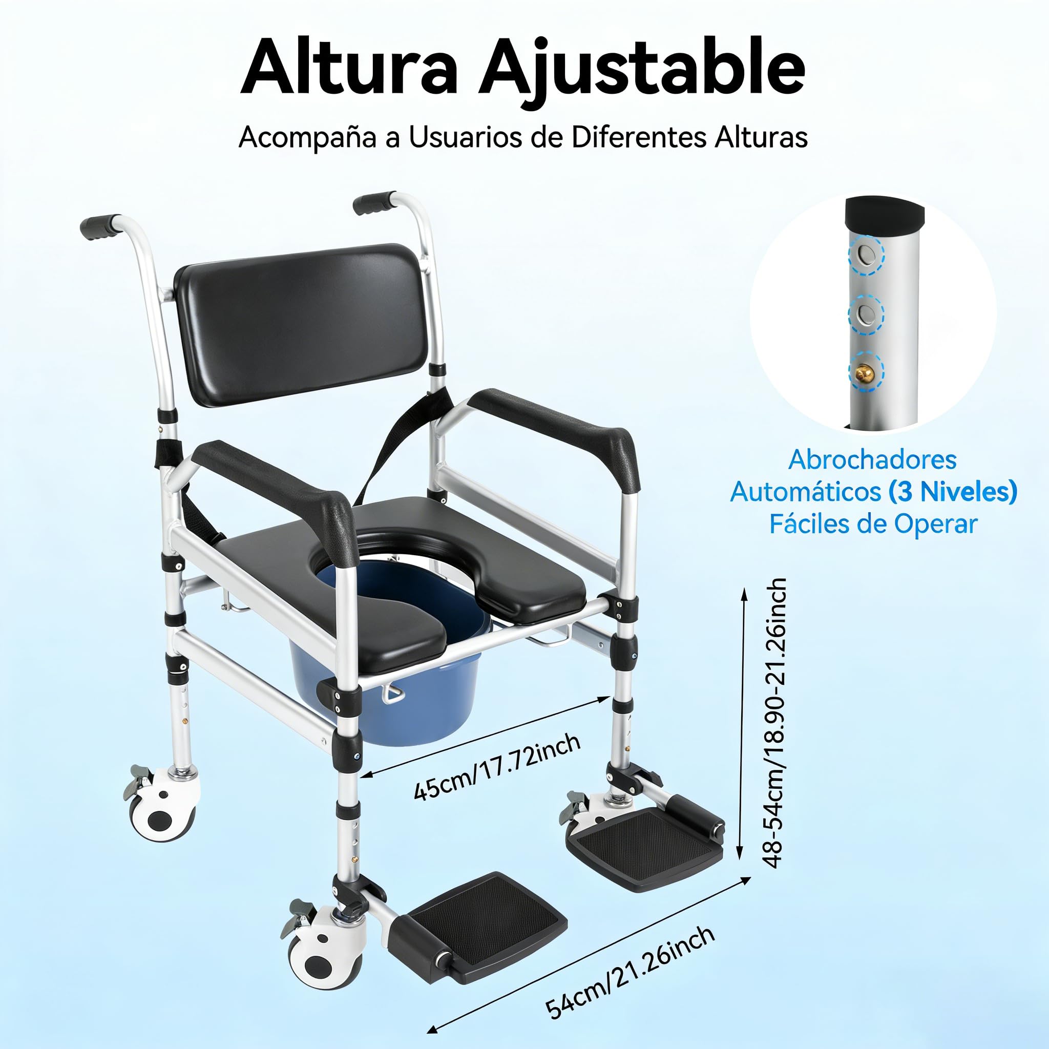Silla de Ducha con Ruedas, 48 – 54 cm de Altura, Plegable, Capacidad de Carga de 100 kg, para Personas Mayores, Silla de Ruedas a Prueba de caídas con Inodoro, Cubo extraíble (Modelo 2)