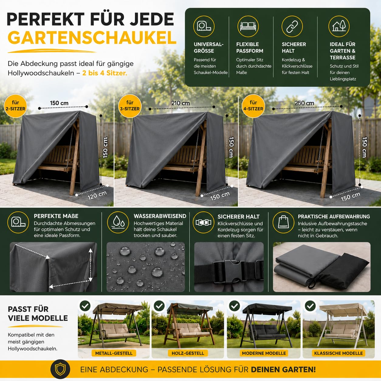 Hollywoodschaukel Abdeckung für 2,3,4-Sitzer, Schutzhülle wasserfest & Winddicht & UV-Schutz - reißfeste Plane Gartenschaukel & Schaukelbank - 210 x 150 x 150cm